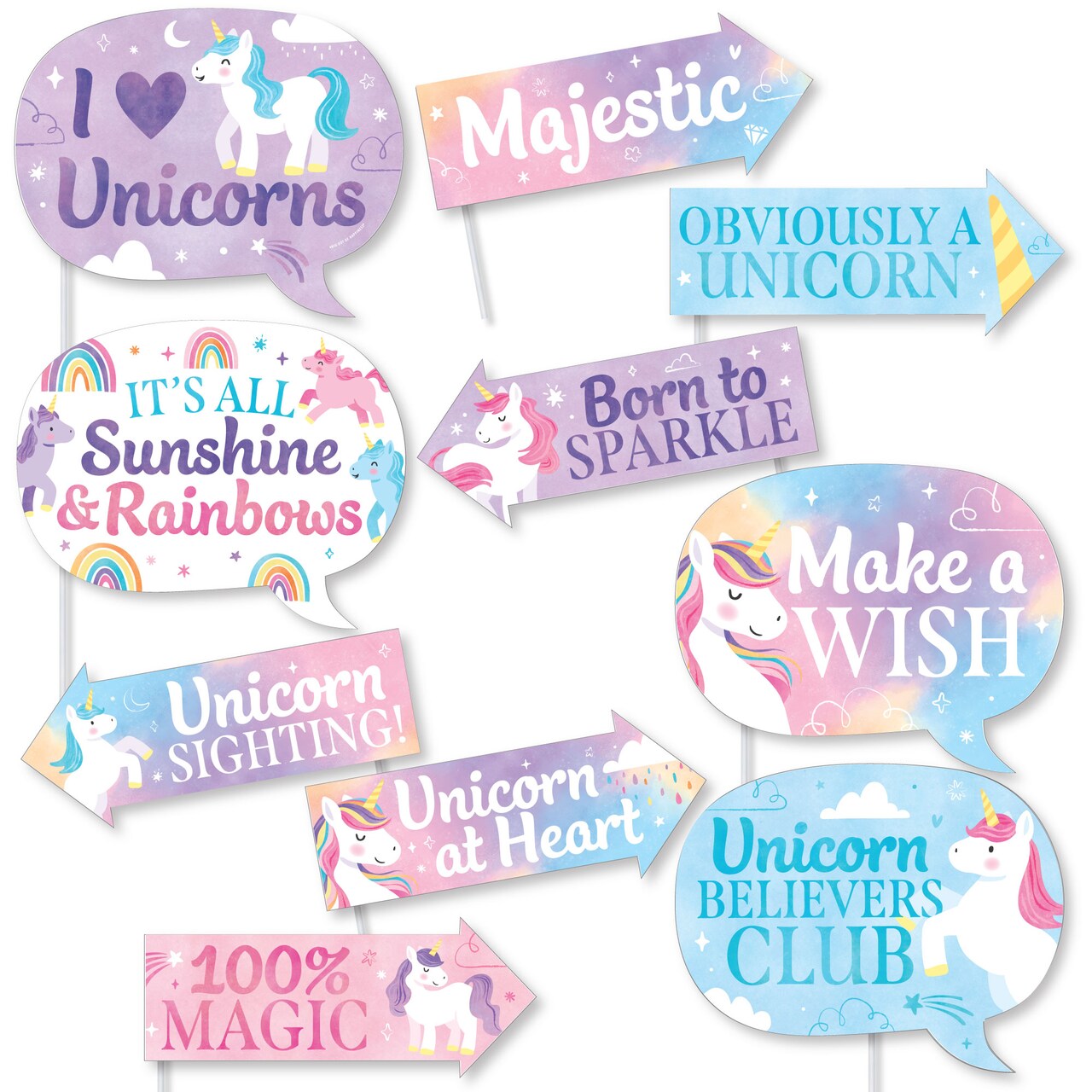 Big Dot of Happiness Funny Unicorn Photo Booth Props Kit, Rainbow Unicorn Birthday Party Decorations for Girls - 10 Count Selfie Prop Sticks
